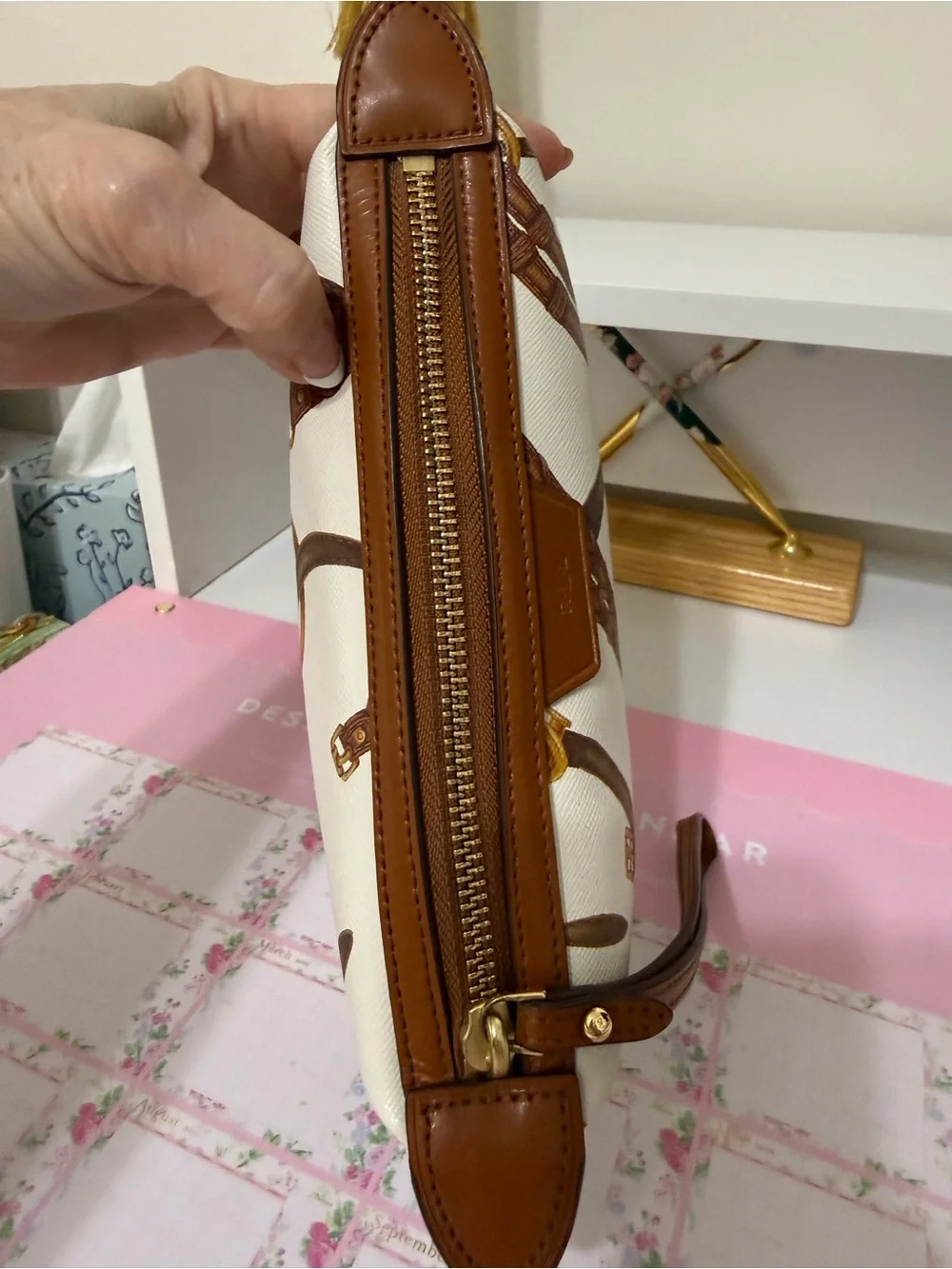 Vintage Ralph Lauren Cream and Brown Women's Cosmetic Wristlet